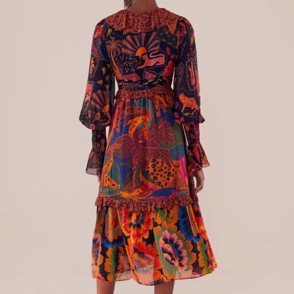 FARM RIO Mixed Leopards Jungle Long Sleeve Midi Dress (NWT) - Picture 3 of 16